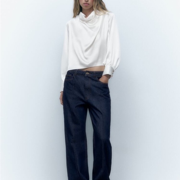 Zara White Satin Long Sleeves Blouse and Bow Tie with Gold Buttons XS NEW - Picture 9 of 10